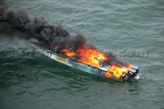 The Powerboat P1 British Grand Prix 2004 in Brighton UK. . Fire onboard Flaminia.