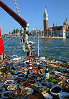 Venice - Italy -  4th July 2004San Pellegrino Cooking Cup 2004The Vittorio Missonis boat with all the Cooking Cup plates