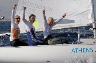 Shirley Robertson and her crew, Sarah Ayton and Sarah Webb, win Britains first Gold medal in the Yngling Class of the Athens Olympics 2004