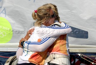 Shirley Robertson and her crew, Sarah Ayton and Sarah Webb, win Britains first Gold medal in the Yngling Class of the Athens Olympics 2004