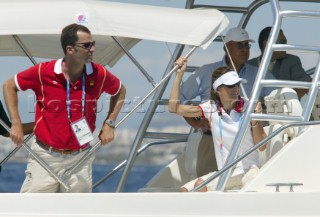 Athens 28 08 2004. Olympic Games 2004  . Tornado. Prince Felipe de Borbon and his wife Letizia follow  the Tornado Race in Athens.