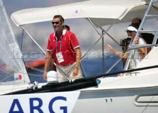 Athens 28 08 2004. Olympic Games 2004  . Tornado. Prince Felipe de Borbon and his wife Letizia follow  the Tornado Race in Athens.