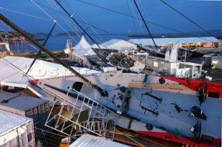 Marseille  12 09 2004. Marseille Louis Vuitton ACT 1. At 2.30 am a squall with 67 knots of wind struck the Americas Cup base in Marseille where Emirates Team New Zealand, BMW ORACLE RACING and Team Alinghi suffered heavy damage.