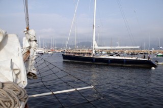 View of superyacht from on board classic yacht Eleonora