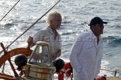 Elizabeth Meyer helming the classic yacht Eleanora in St tropez