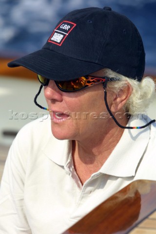 Elizabeth Meyer helming the classic yacht Eleanora in St tropez