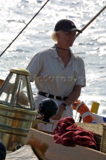 Elizabeth Meyer helming the classic yacht Eleanora in St tropez