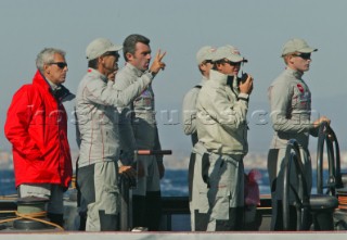 Valencia - 16 10 2004Valencia Louis Vuitton Cup ACT 2 & 3Francesco de Angelis, James Spithill and Marco Tronchetti Provera, President of TELECOM on boar LUNA ROSSAPhoto:©Carlo Borlenghi /