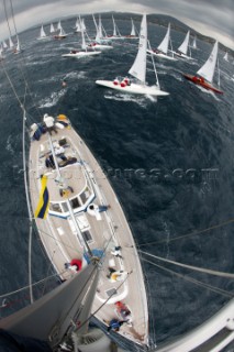 Dragon startline from top of mast of Committee boat