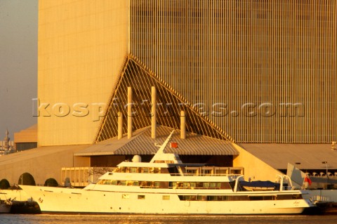 Superyacht moored outside the Sheraton Hotel Dubai  United Arab Emirates   