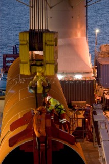 Construction of Windfarm on the Kentish flats in the Thames estuary off Whitstble Kent. Onboard the construction ship Resolution during the foundation process, where the Monopile is hammered in to the seabed with a hydraulic hammer and the transition piece lowered onto the monopile.