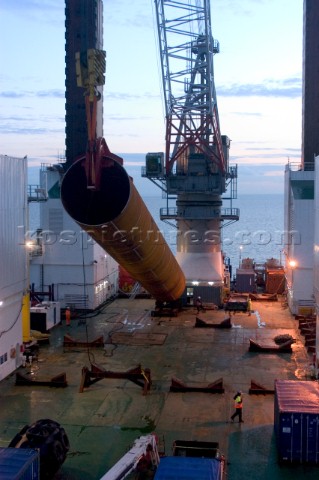 Construction of Windfarm on the Kentish flats in the Thames estuary off Whitstble Kent Onboard the c