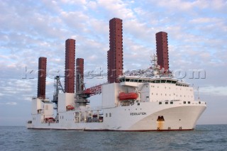 Construction of Windfarm on the Kentish flats in the Thames estuary off Whitstble Kent. The construction ship Resolution