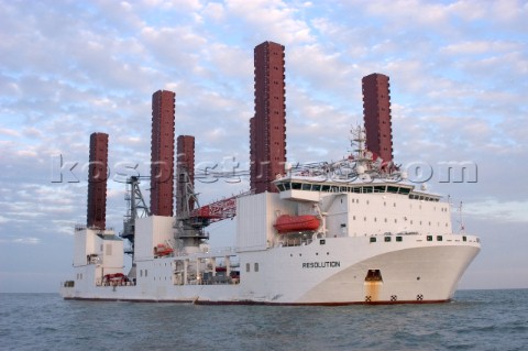 Construction of Windfarm on the Kentish flats in the Thames estuary off Whitstble Kent The construct