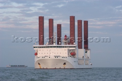 Construction of Windfarm on the Kentish flats in the Thames estuary off Whitstble Kent The construct