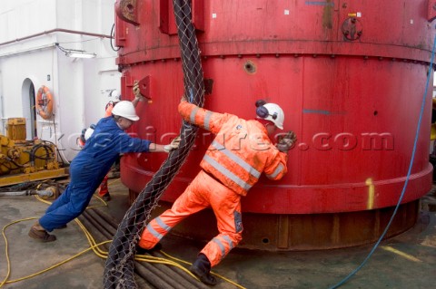 Construction of Windfarm on the Kentish flats in the Thames estuary off Whitstble Kent Onboard the c