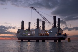 Construction of Windfarm on the Kentish flats in the Thames estuary off Whitstble Kent. The construction ship Resolution