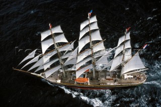 Aerial veiw of tall ship Stad Amsterdam under full sail