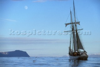 Classic square rigged schooner Etoile at sunrise