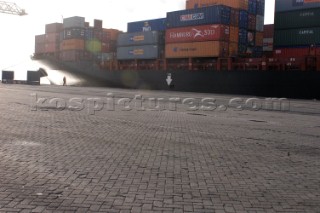 Container ship along dockside at the Port of Antwerp, Belgium