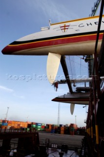 G Class catamaran Cayenne loaded on a container ship in the Port of Antwerp, Belgium