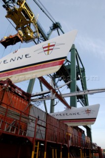 G Class catamaran Cayenne loaded on a container ship in the Port of Antwerp, Belgium