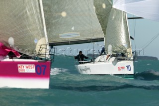 Farr 40 racing at Key West Race Week 2005. Dutch Mean machine leads German Morning Glory with Russell Coutts as tactician into the leeward mark.