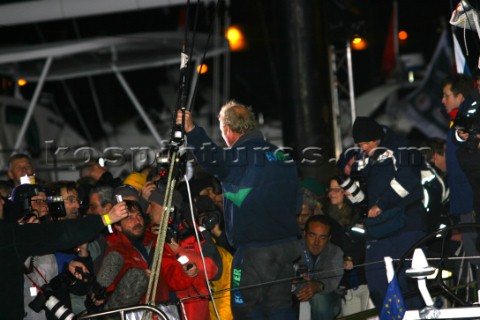 A relieved sailor Mike Golding on the Open 60 Ecover arriving in Les Sables dOlonne in France at the