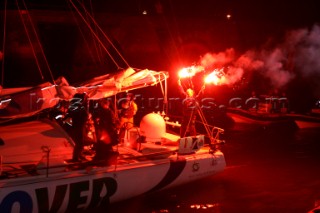 A relieved sailor Mike Golding on the Open 60 Ecover arriving in Les Sables dOlonne in France at the end of the Vendee Globe 2004/2005 after his keel fell off the yacht 52 miles from the finish