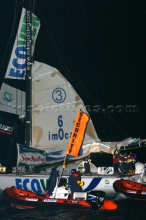 A relieved sailor Mike Golding on the Open 60 Ecover arriving in Les Sables dOlonne in France at the end of the Vendee Globe 2004/2005 after his keel fell off the yacht 52 miles from the finish