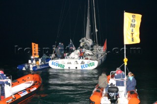 A relieved sailor Mike Golding on the Open 60 Ecover arriving in Les Sables dOlonne in France at the end of the Vendee Globe 2004/2005 after his keel fell off the yacht 52 miles from the finish