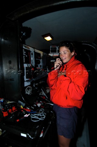 Crew Claire Bailey on Sat phone on Cheyenne