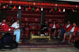 Crew of Cheyenne in welcome tent in Qatar