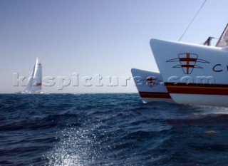 The bows of super catamaranCheyenne at the start of the Oryx Cup 2005 in Doha Qatar.