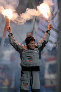 Ellen MacArthur of trimaran B&Q. The fastest solo sailor on the planet. Sailed around the world with a new record of 71 days 14 hours and 18 mins 33 seconds.