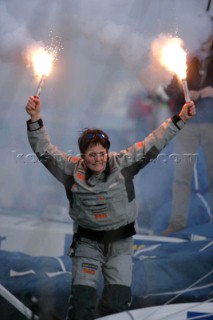 Ellen MacArthur of trimaran B&Q. The fastest solo sailor on the planet. Sailed around the world with a new record of 71 days 14 hours and 18 mins 33 seconds.