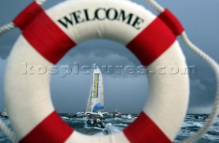 Ellen MacArthur of trimaran B&Q winning the round the world solo sailing record of 71 days, 14 hours and 33 seconds