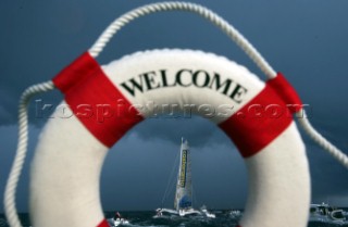 Ellen MacArthur of trimaran B&Q winning the round the world solo sailing record of 71 days, 14 hours and 33 seconds