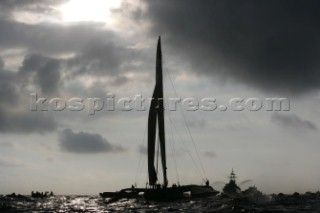 Ellen MacArthur of trimaran B&Q winning the round the world solo sailing record of 71 days, 14 hours and 33 seconds