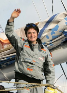 Ellen MacArthur of trimaran B&Q winning the round the world solo sailing record of 71 days, 14 hours and 33 seconds