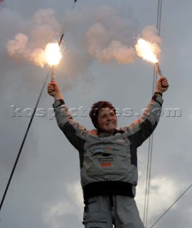 Ellen MacArthur of trimaran B&Q winning the round the world solo sailing record of 71 days, 14 hours and 33 seconds