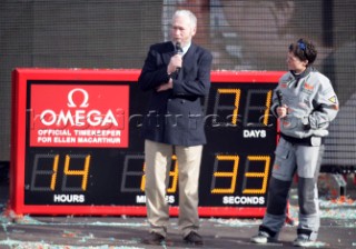 Ellen MacArthur of trimaran B&Q winning the round the world solo sailing record of 71 days, 14 hours and 33 seconds