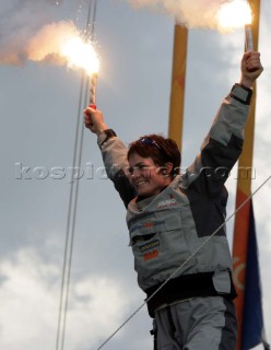 Ellen MacArthur of trimaran B&Q winning the round the world solo sailing record of 71 days, 14 hours and 33 seconds