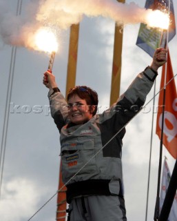 Ellen MacArthur of trimaran B&Q winning the round the world solo sailing record of 71 days, 14 hours and 33 seconds