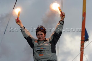 Ellen MacArthur of trimaran B&Q winning the round the world solo sailing record of 71 days, 14 hours and 33 seconds