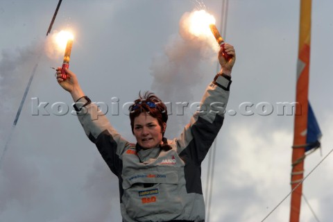 Ellen MacArthur of trimaran BQ winning the round the world solo sailing record of 71 days 14 hours a