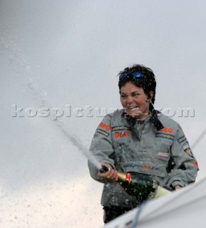 Ellen MacArthur of trimaran B&Q winning the round the world solo sailing record of 71 days, 14 hours and 33 seconds