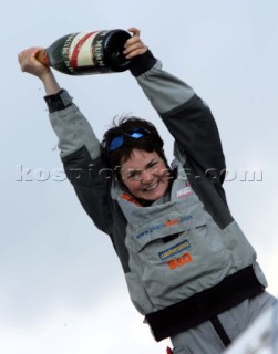 Ellen MacArthur of trimaran B&Q winning the round the world solo sailing record of 71 days, 14 hours and 33 seconds