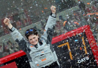 Ellen MacArthur of trimaran B&Q winning the round the world solo sailing record of 71 days, 14 hours and 33 seconds