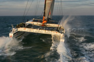 Arrival of maxi cat Orange skippered by Bruno Peyron in Brest at the end of the successful Jules Verne 2005 setting a new round the world record time of 50 days, 16 hours, 20 mins and 4 secs!